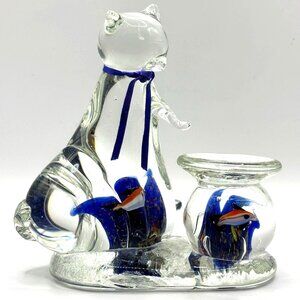 Art Glass Cat Eating Fish From Bowl Hand Blown Paperweight Murano Style 5"x4.95"